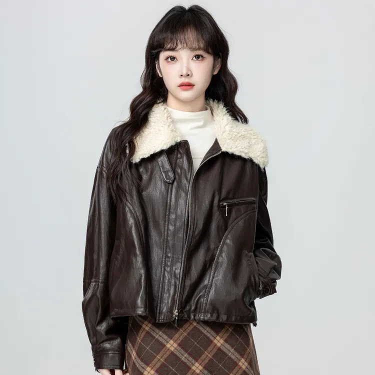 美拉德咖色皮衣外套女冬2025冬季新款加厚羊羔毛翻领夹克短款上衣