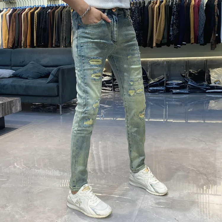 【也许家】新品秋冬男士破洞时尚帅气欧货修身弹力蓝色牛仔裤GG5015