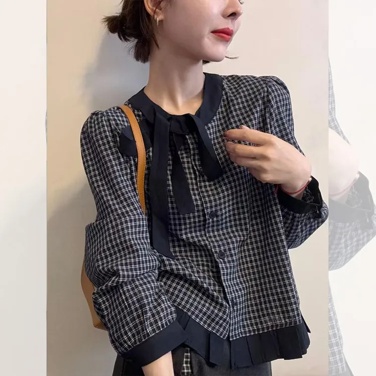 长袖常规蝴蝶结格子衬衫纽扣小衫秋季宽松气质小众显瘦时尚百搭