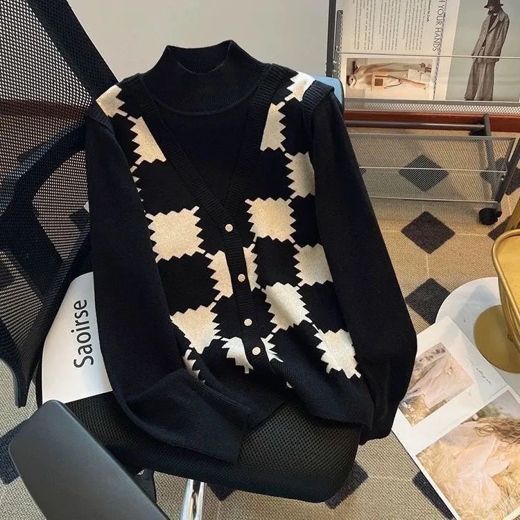 宽松显瘦【80-200斤】提花半高领假两件针织衫女秋冬洋气打底衫毛衣