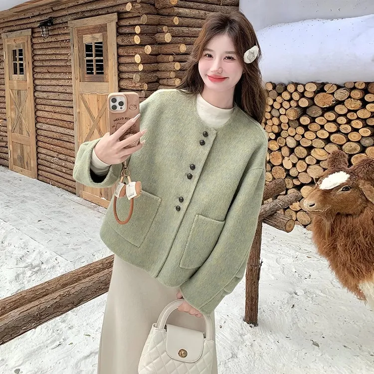 绵羊毛圆领小香风2025秋冬韩版气质休闲宽松落肩袖双面毛呢外套