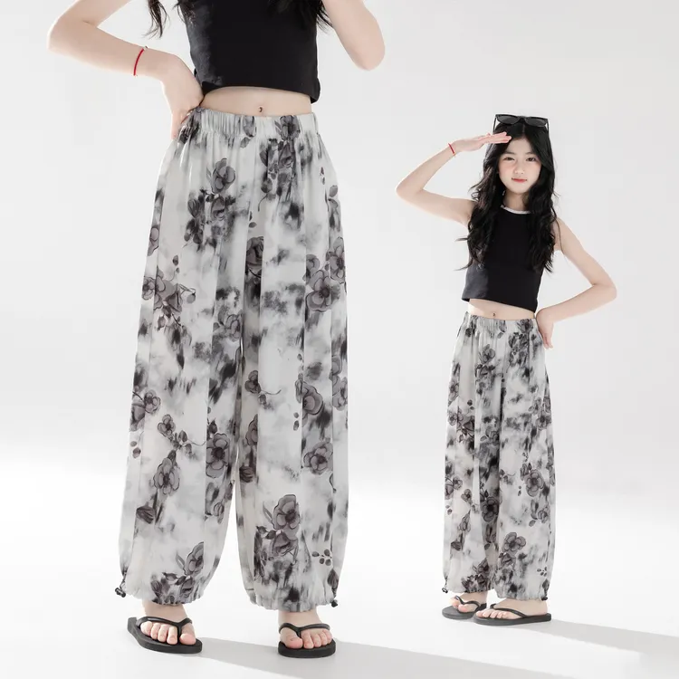 【水墨山茶】冰丝夏季防蚊裤可调节束脚裤女童青少年中大儿童裤子