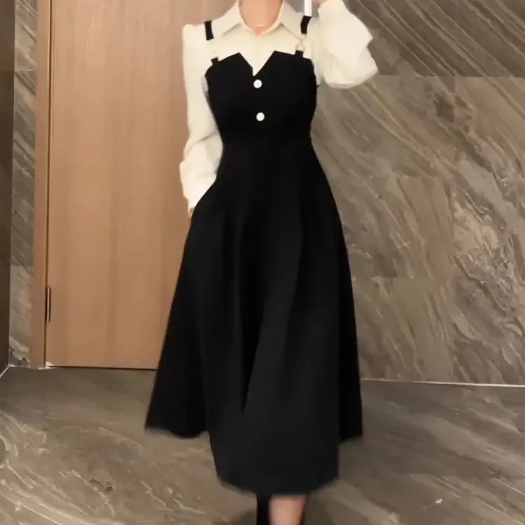 法式赫本风假两件背带连衣裙女秋季大码胖MM时尚气质中长款裙子女
