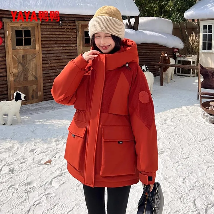 YAYA/鸭鸭羽绒服女款25秋冬新品中长款纯色简约连帽时尚保暖外套