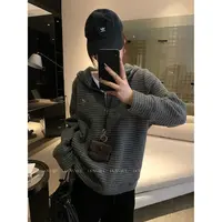 大婉酱微胖定制【千层岛屿】显瘦条纹连帽半开领宽松长袖卫衣2554D 