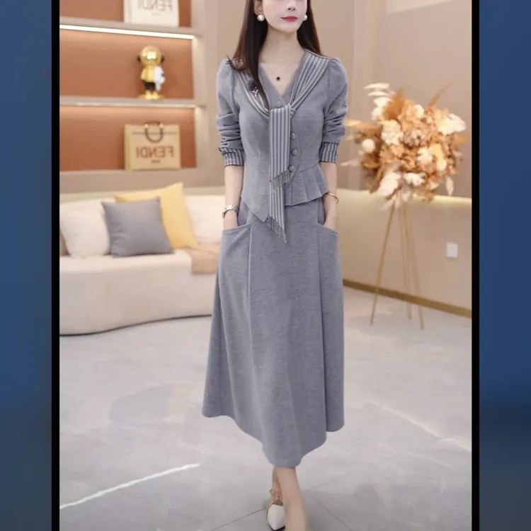 【上衣+半身裙】收腰减龄显瘦长裙拼接中长款法式两件套裙SJYH3107