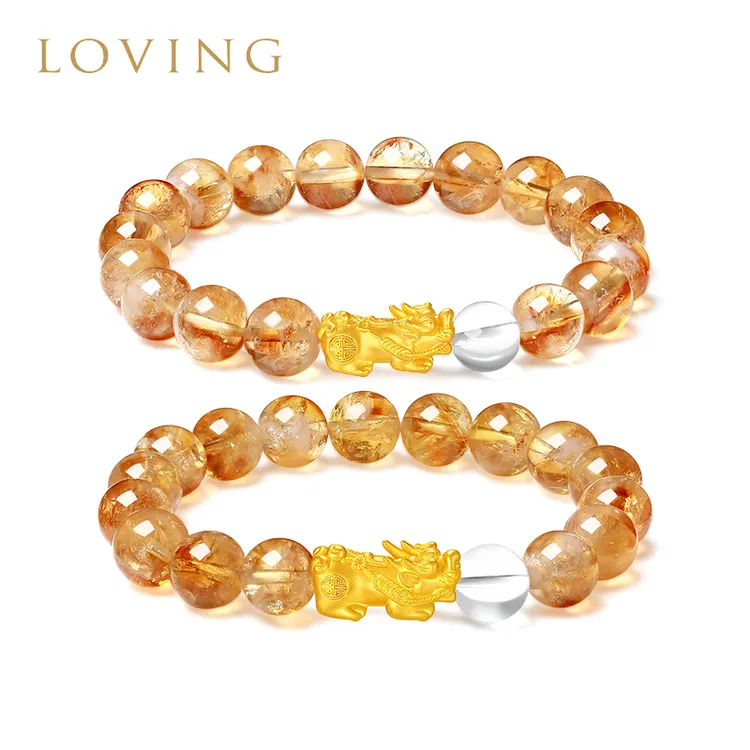 LOVING黄金招财貔貅黄塔晶情侣手串999足金叠戴手链送女友