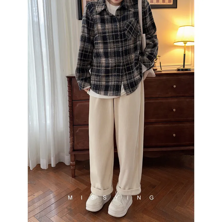 应小姐【豆乳裤】微胖大码显瘦设计感温暖复古直筒高腰灯芯绒长裤