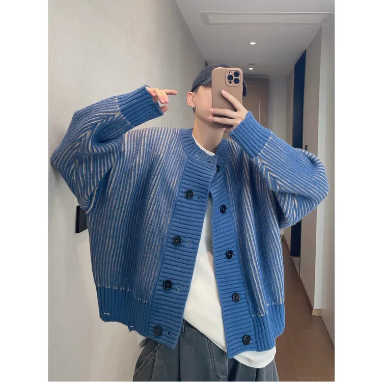 dannyandzee冬季重磅百搭粗条纹蓝色双排扣开衫保暖毛衣外套828