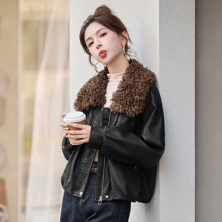加绒皮衣外套女装冬季2025新款气质毛领宽松棉衣加厚机车短皮夹克