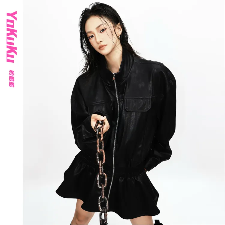 哟酷酷（翻山越岭）美式潮酷小众机车防风收腰双头拉链皮衣夹克外套