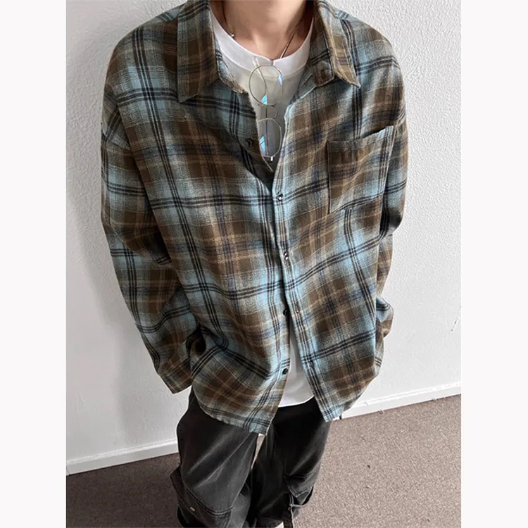 美式重磅撞色格子衬衫男长袖春秋cleanfit格纹衬衣设计感正肩寸衫