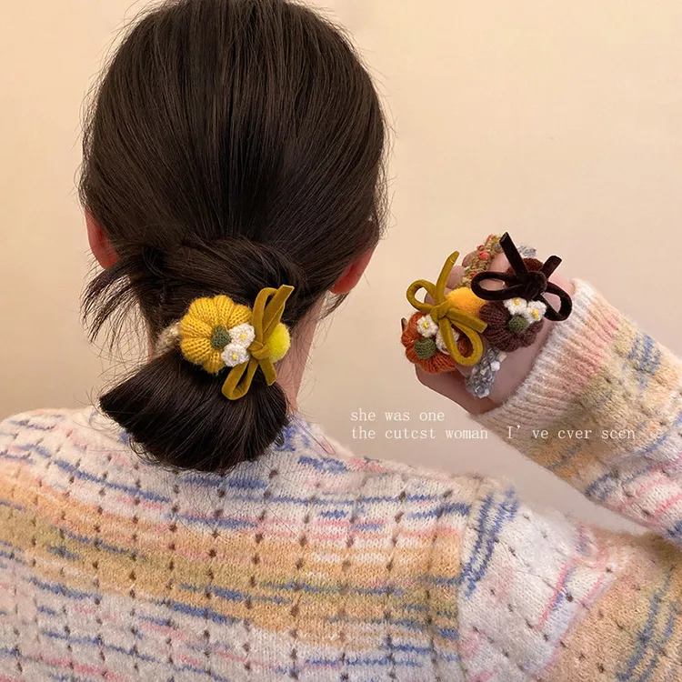 韩系毛绒南瓜蝴蝶结头绳发圈皮筋女扎头高弹力发绳秋冬丸子头发饰