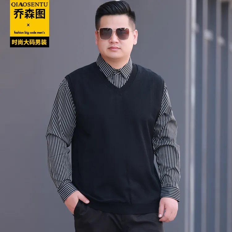 胖子衬衫领毛衣男冬季加肥加大码肥佬条纹高级感假两件针织打底衫