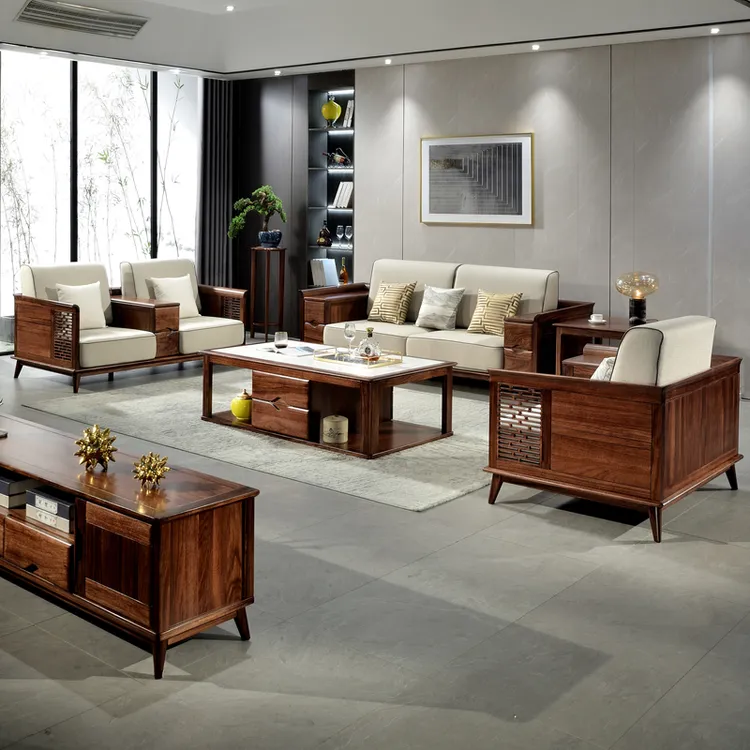 乌金木新中式沙发123组合U型整组装别墅客厅酒店会所办公成套沙发