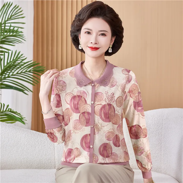 妈妈装春秋薄款上衣洋气中老年女装翻领长袖T恤老年人衣服套装