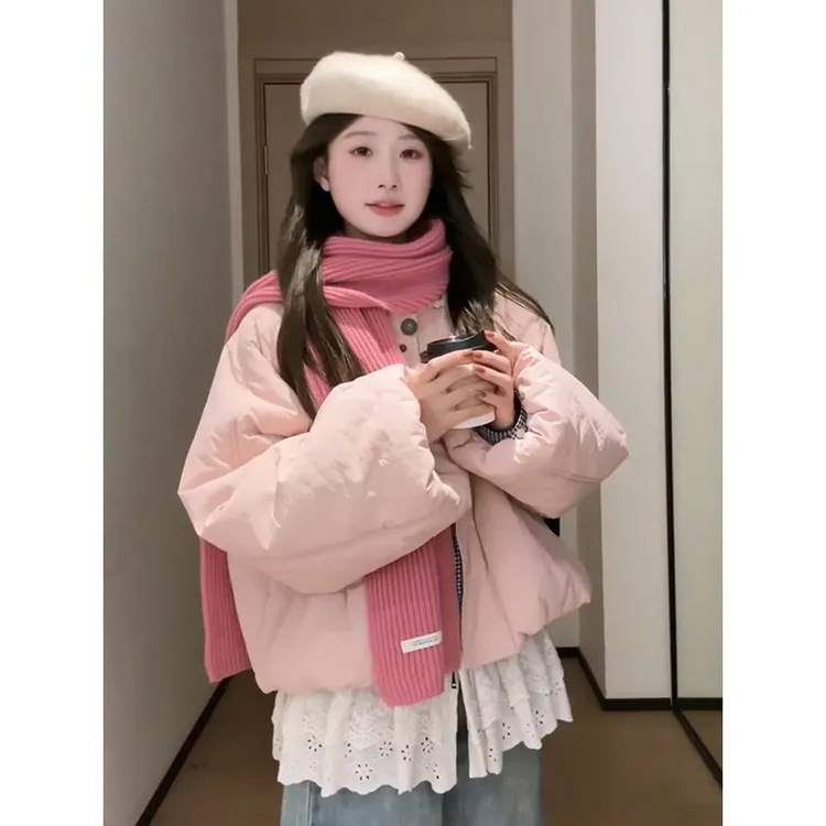 甜美温柔风粉色短款棉服外套女冬季新款韩系宽松休闲保暖棉衣棉袄