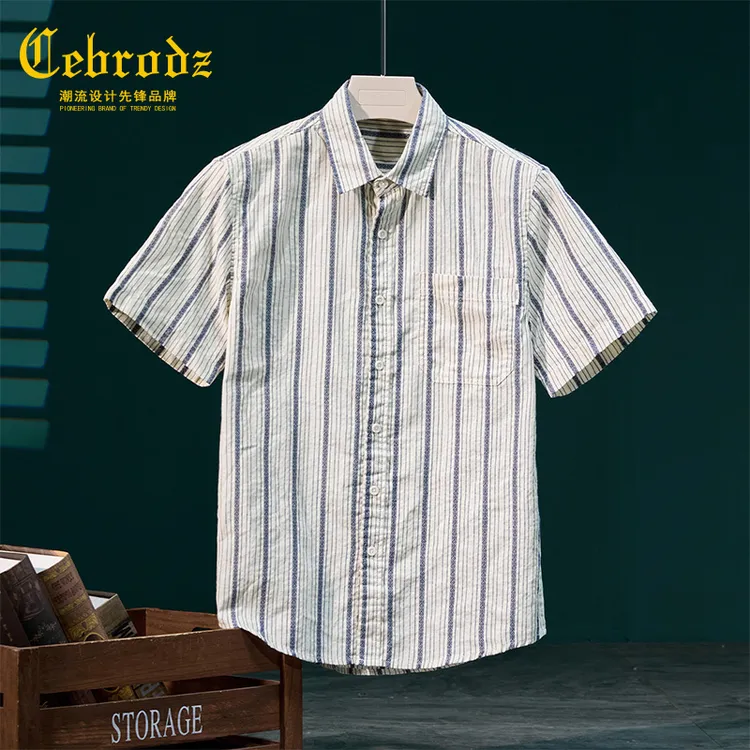 法国Cebrodz纯棉日系高级感衬衫男翻领短袖2025夏季薄款半袖衬衫