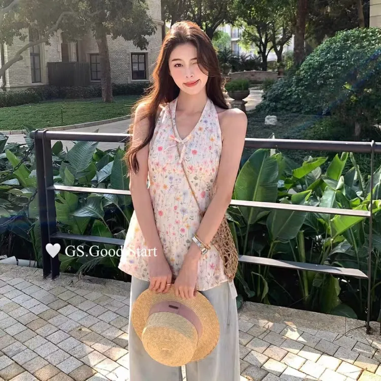 性感纯欲质收腰显瘦甜美刺绣设计感挂脖领无袖背心9111#A