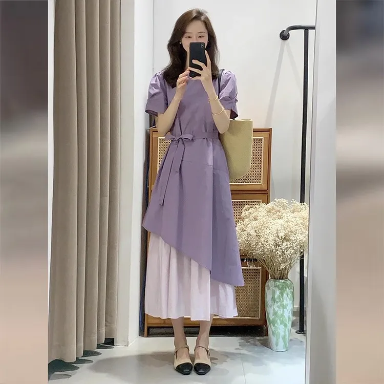紫色假两件拼接连衣裙子女夏季新款不规则设计感气质掐腰长裙