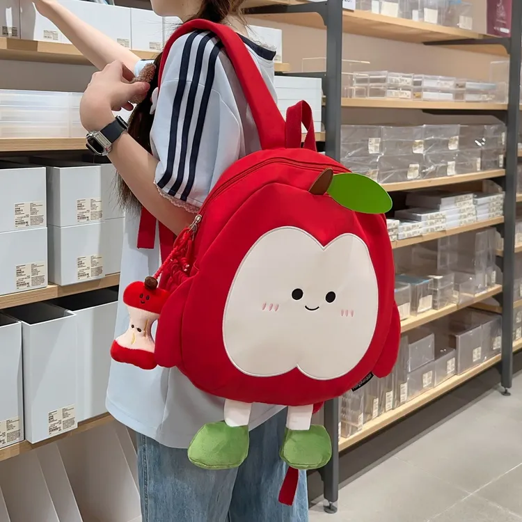 mingdiandian双肩包女可爱苹果包卡通小书包休闲洋气布包春游包包