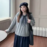 DC8376大码女装【可爱小狗】绑带格子连帽卡通印花遮肉长袖秋冬卫衣