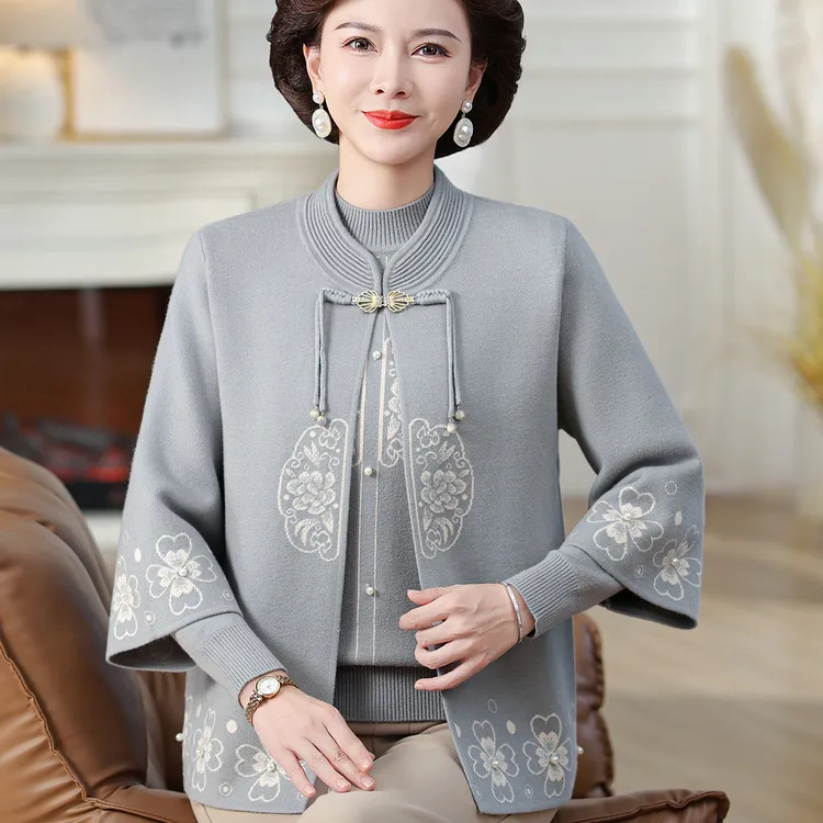 新款中老年女秋冬国风毛衣开衫外套2025中式妈妈秋装针织两件套