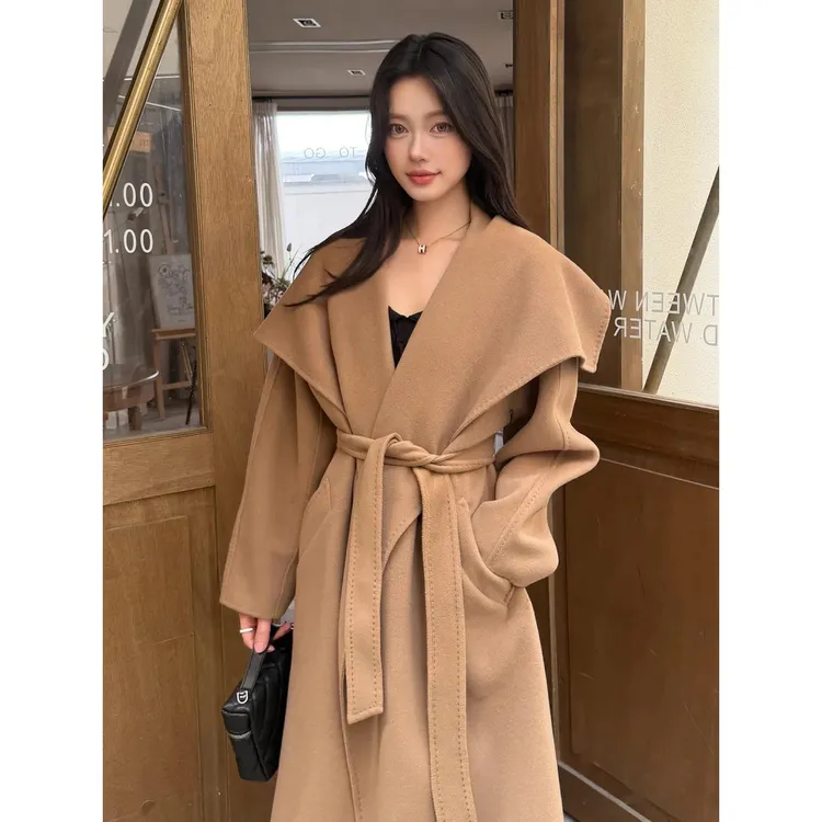 驼色双面羊毛羊绒大衣女2025冬季新款大翻领慵懒宽松收腰毛呢外套