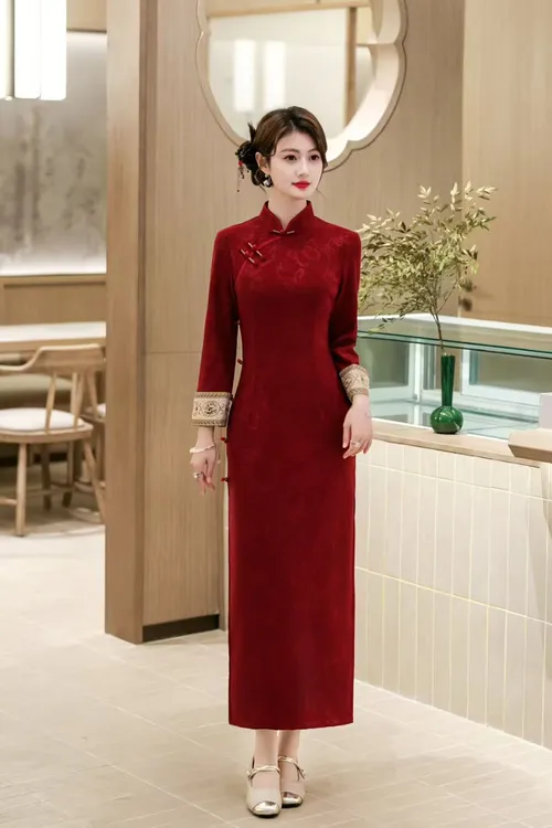 【冬款富贵竹】2025国风冬季红色气质时尚修身高端丝棉加绒旗袍A15