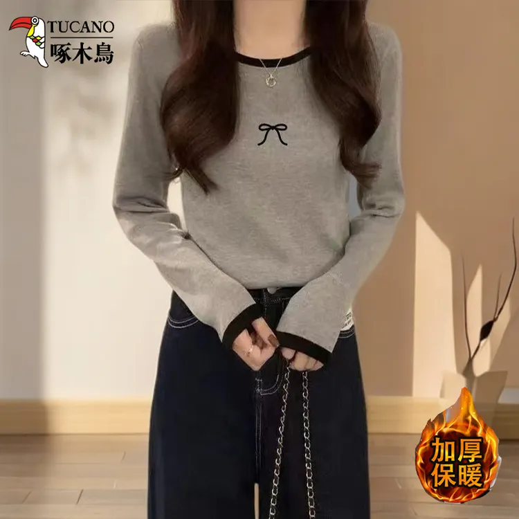 啄木鸟秋冬新款德绒加厚蝴蝶结打底衫上衣撞色圆领T恤气质可外穿