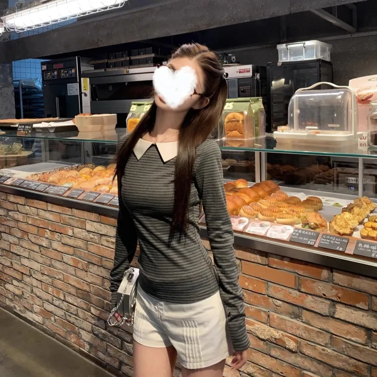 YIDENG韩系穿搭条纹长袖T恤早秋季设计感小众辣妹修身显瘦女上衣