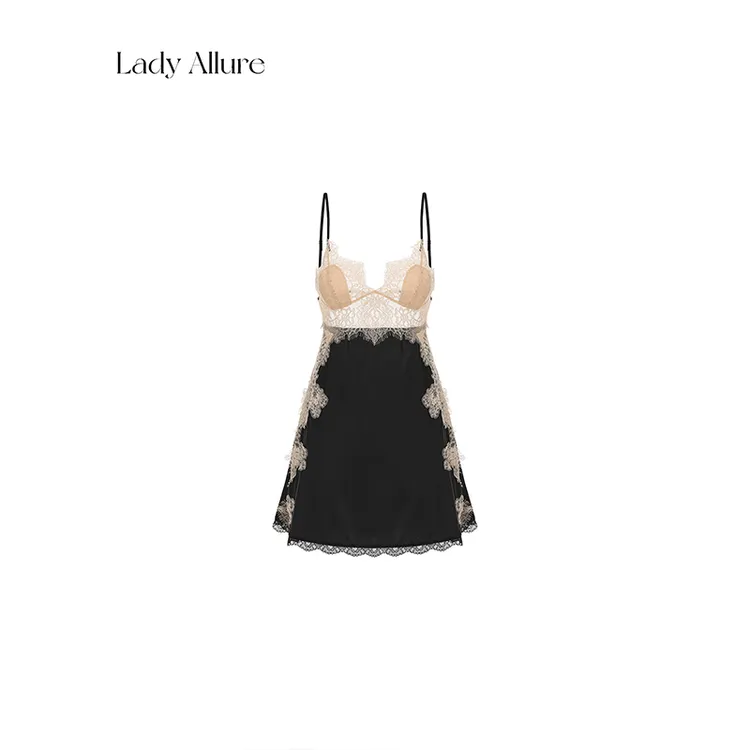 「LA」情迷之夜*法式禁欲性感睡衣约会纯欲薄款拼接蕾丝吊带睡裙