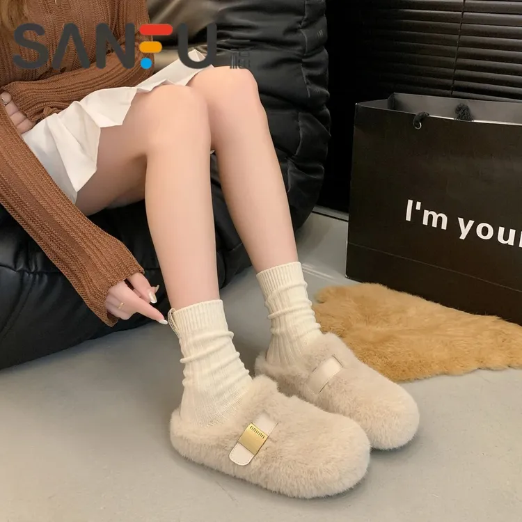 三福厚底增高毛毛一脚蹬包头拖鞋女外穿秋冬高级感毛绒包头棉拖鞋