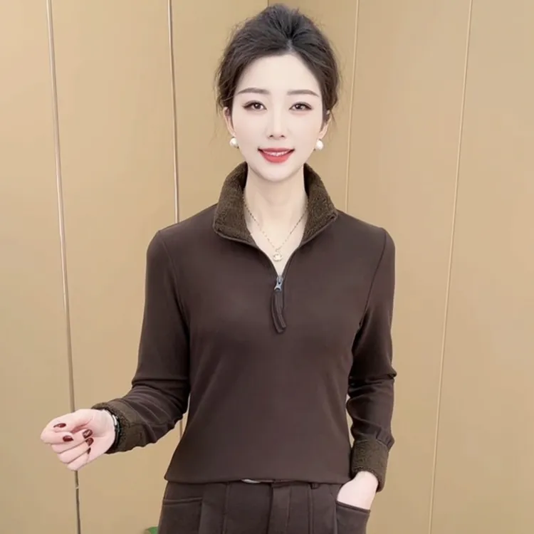 冬季新款立领半拉链纯色打底衫双面绒休闲保暖气质妈妈装K8822