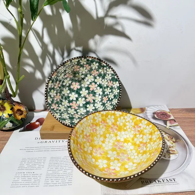 黄加绿色樱花-7.25寸螺纹珠点异形碗两个装