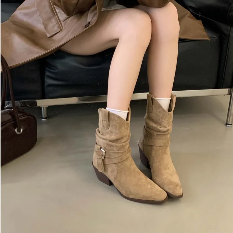 明星露丝同款增高5cm秋天漏腿神鞋短靴子粗跟鞋女款显瘦显腿长