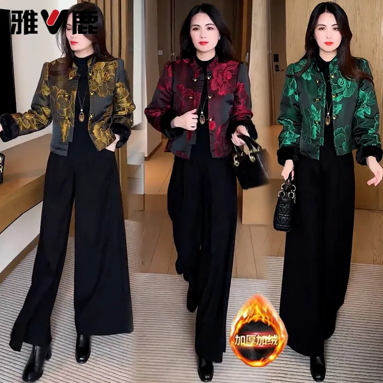 雅鹿新中式加绒短外套2025冬季新款洋气显瘦保暖提花外套