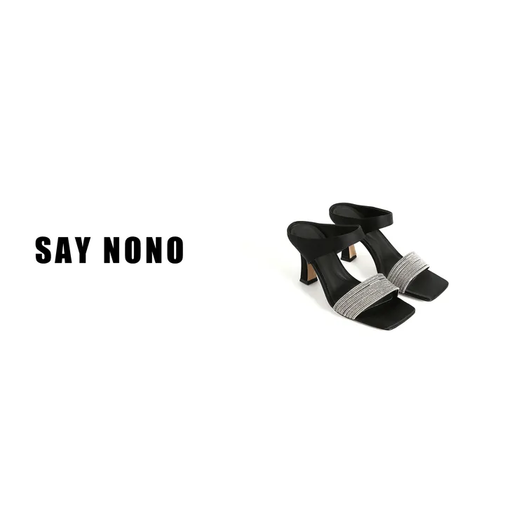 Say  nono   方头粗跟百搭露趾气质性感一字带水钻高跟凉鞋8cm