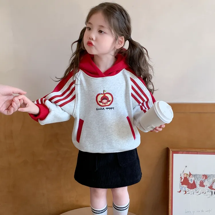 女童加绒连帽卫衣2025秋冬新款儿童条纹上衣女宝宝冬季加厚打底衫