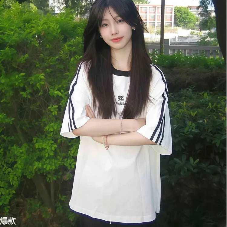 美式学院风三条杠白色短袖恤女大童夏季2025新款初中生半袖上衣