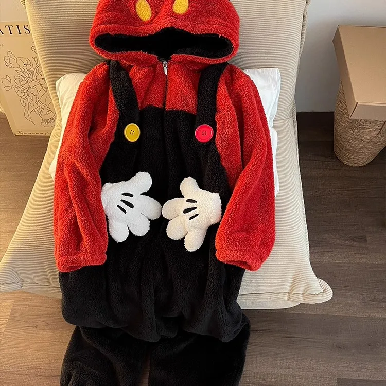 可爱卡通米奇连帽珊瑚绒睡衣女秋冬季加厚保暖连体衣家居服可外穿