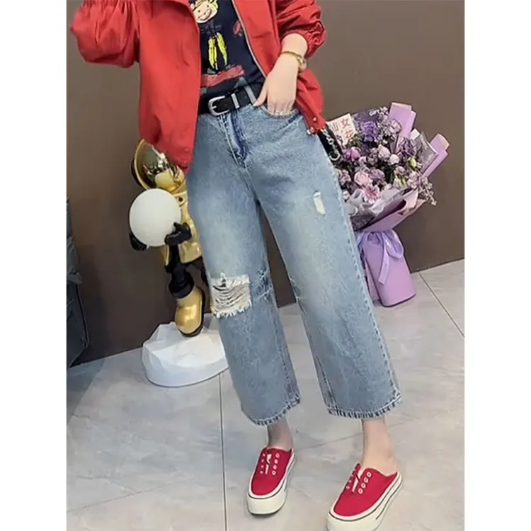 2025夏季新款高腰显瘦直筒破洞裤大码薄款宽松遮胯阔腿八分牛仔裤