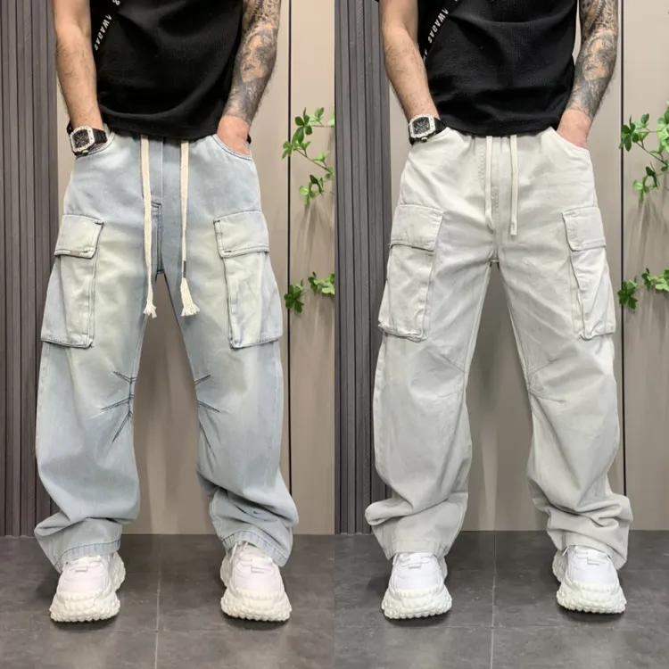 欧美高街hiphop裤子男美式vibe复古宽松直筒阔腿多口袋工装牛仔裤