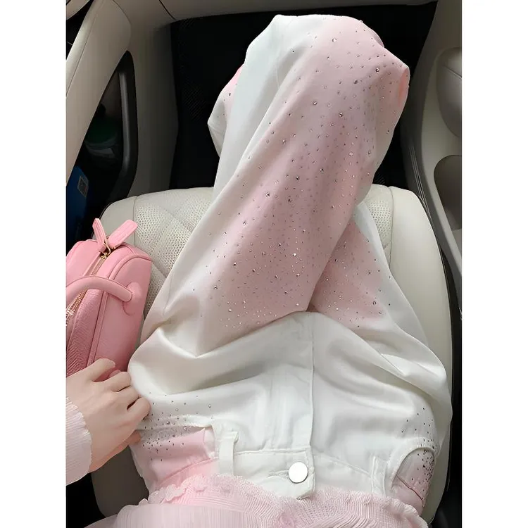 韩系白色渐变直筒牛仔裤女款夏季2025新款高腰重工烫钻牛仔裤长裤
