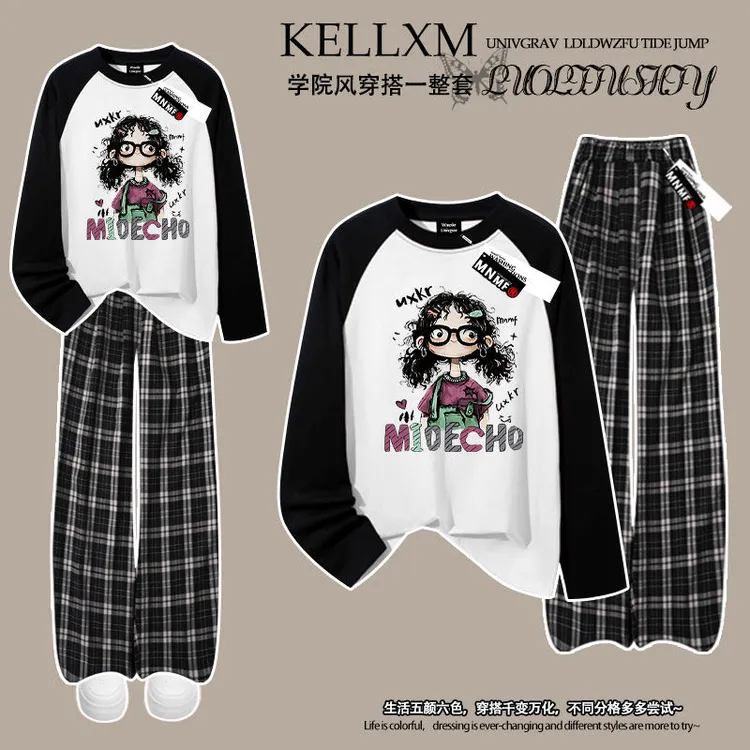 卡通小女孩印花秋季新款女童插肩长袖t恤格子裤套装宽松潮牌上衣