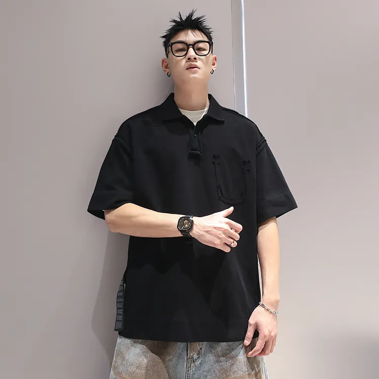 有术卷边拼接设计感翻领夏季重磅潮牌宽松有领T恤男士刺绣POLO衫