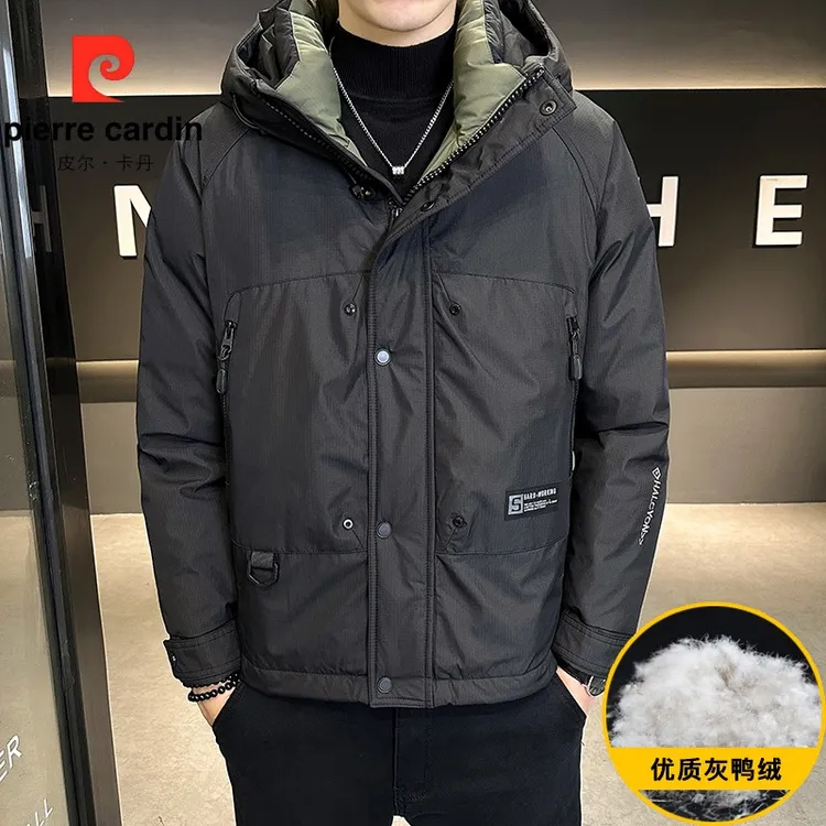 皮尔卡丹高级感保暖连帽工装外套男士2024新款冬季轻薄冲锋衣短款