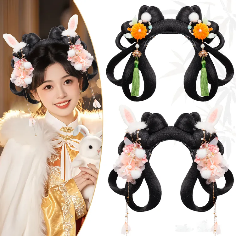 古风汉服假发包女一体式发髻少女造型花朵毛球发饰古装假发组合