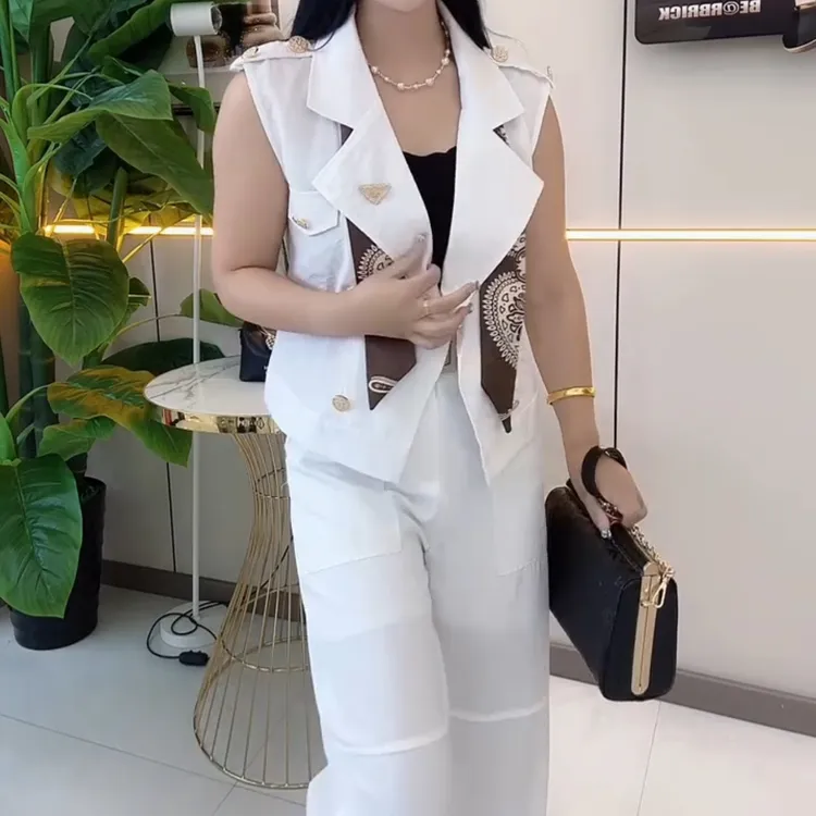 夏季西服领无袖上衣搭配直筒裤套装女减龄显瘦百搭气质款