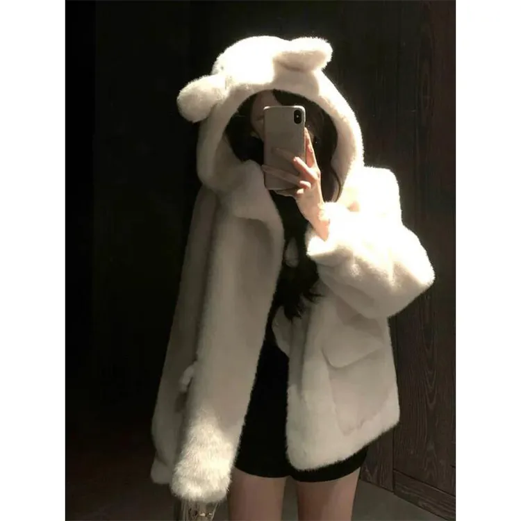 小熊耳朵可爱连帽仿水貂毛外套女秋冬季新款皮草加厚毛绒上衣